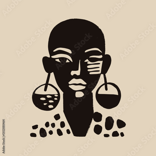 Boho abstract African woman with earrings and bald head, minimal