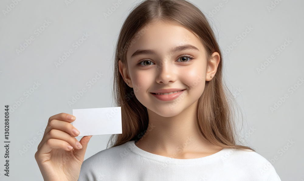 Smiling Girl Holding Blank Business Card Against Gray Background Smiling Girl Holding Blank Business Card Against Gray Background
