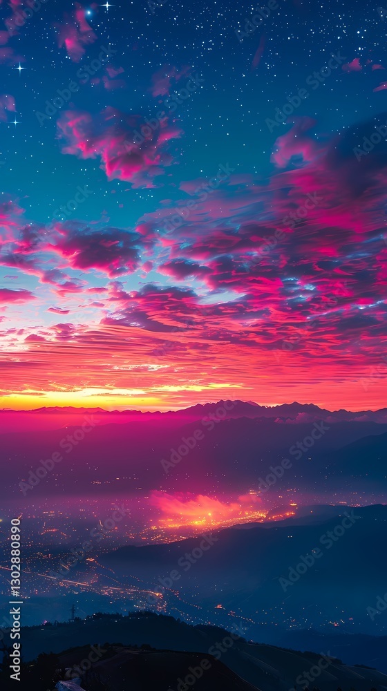 Naklejka premium Red and blue gradient sky mountains illustration poster background