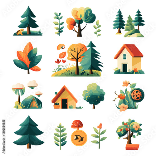 Whimsical Collection of Trees Houses Leaves in Cartoon Illustration Style