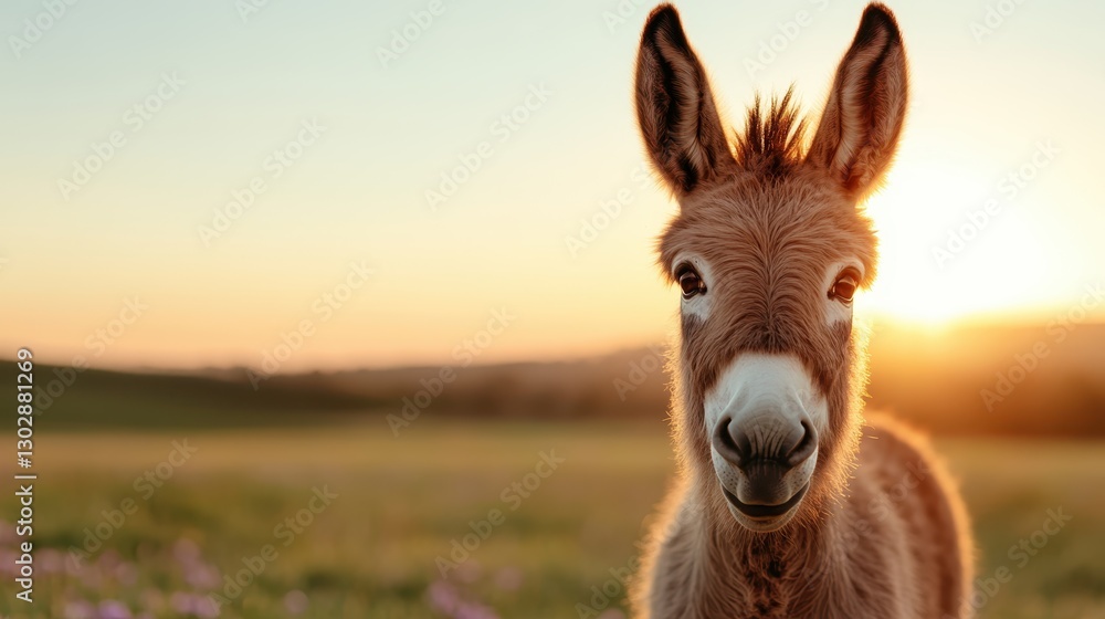 A captivating portrait of a smiling donkey, brightened by the golden hue of a sunset, showcasing its friendly demeanor amidst a lush green landscape filled with flowers. A captivating portrait of a smiling donkey, brightened by the golden hue of a sunset, showcasing its friendly demeanor amidst a lush green landscape filled with flowers.