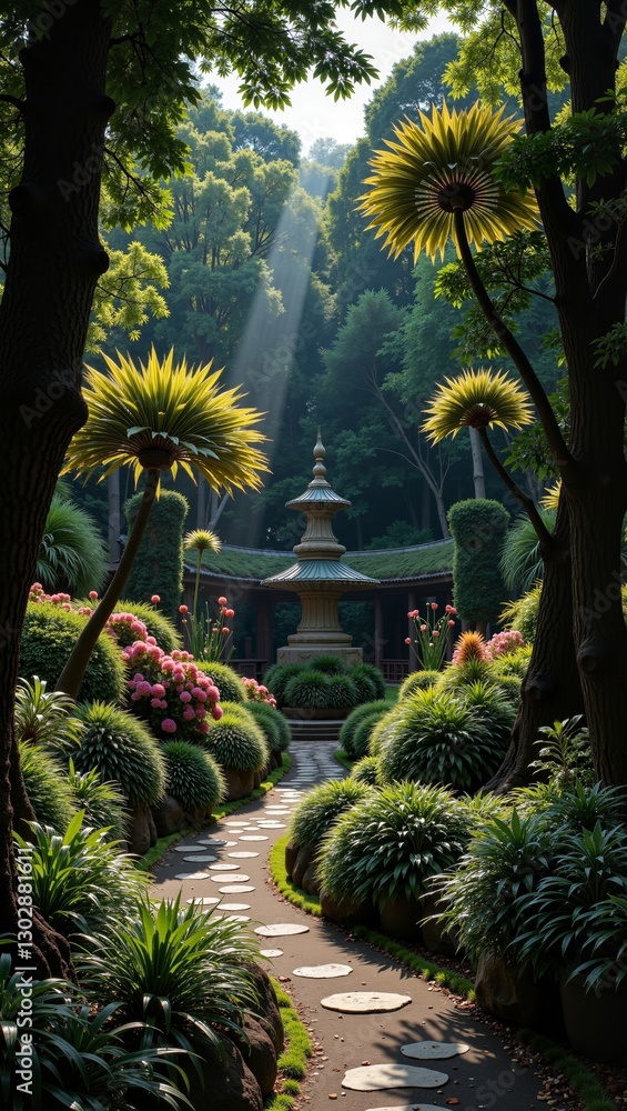 Fototapeta premium Lush greenery and vibrant flowers create serene pathway in Singapore Botanical Gardens. Concept showcases tranquility and beauty of Singapore Botanical Gardens' landscape design
