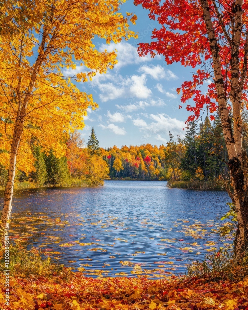 Autumn Landscape with Colorful Foliage and Tranquil Lake Scene Autumn Landscape with Colorful Foliage and Tranquil Lake Scene