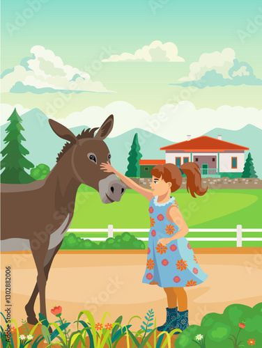 Little girl caressing the head of a cute donkey, village life