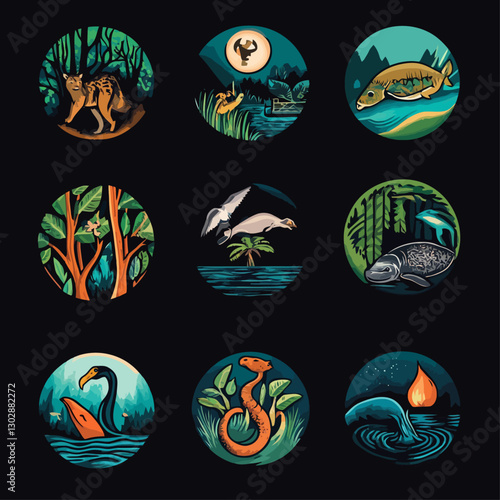 Nature Icons Collection: Wildlife, Landscapes, and Ecosystems in Circle Art