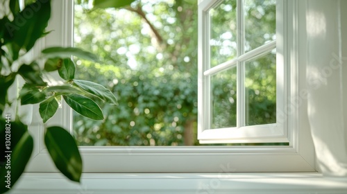 An inviting view from an open window featuring lush greenery, plants, and sunlight filtering in, creating a refreshing and serene atmosphere indoors and outdoors. photo