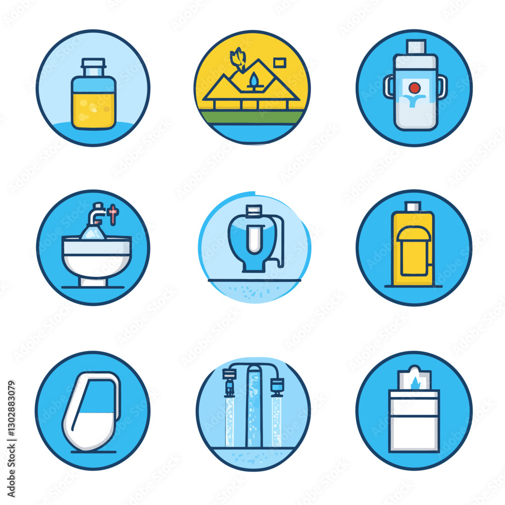 Water Purification Icons Set Depicting Filtration Systems and Clean Sources Water Purification Icons Set Depicting Filtration Systems and Clean Sources