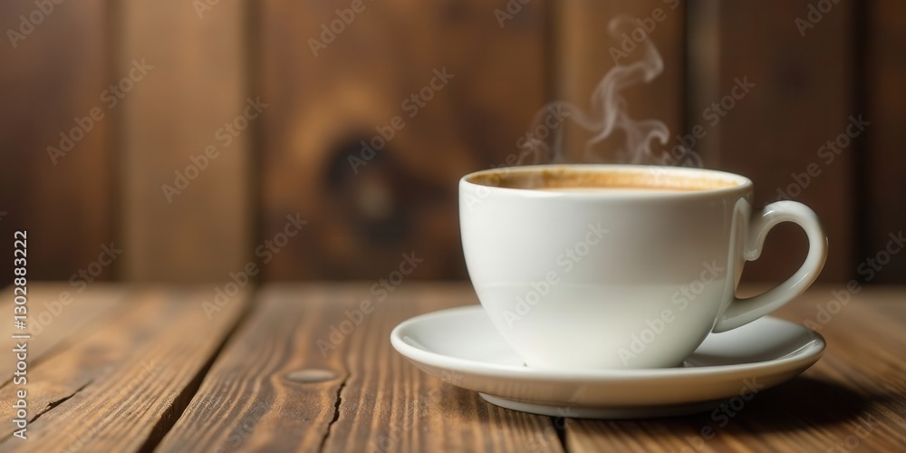Aromatic Steam Rising from a Warm Cup of Coffee on Rustic Wooden Table Aromatic Steam Rising from a Warm Cup of Coffee on Rustic Wooden Table
