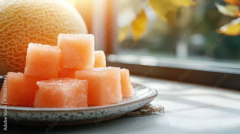 An elegant arrangement of fresh melon cubes on a rustic plate, accompanied by a whole melon, beautifully illuminated by sunlight with dancing shadows on the table. An elegant arrangement of fresh melon cubes on a rustic plate, accompanied by a whole melon, beautifully illuminated by sunlight with dancing shadows on the table.