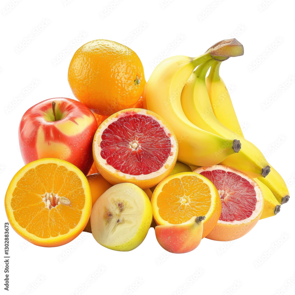 Fresh fruits including bananas, apples, oranges, and grapefruits create vibrant and colorful display. This assortment showcases variety of textures and flavors, perfect for healthy snacking Fresh fruits including bananas, apples, oranges, and grapefruits create vibrant and colorful display. This assortment showcases variety of textures and flavors, perfect for healthy snacking