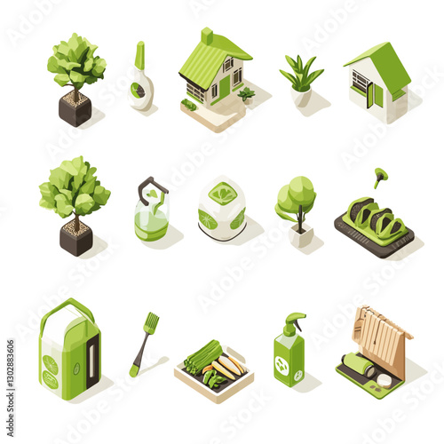 Isometric Green Home and Lifestyle Elements on White Background Illustration