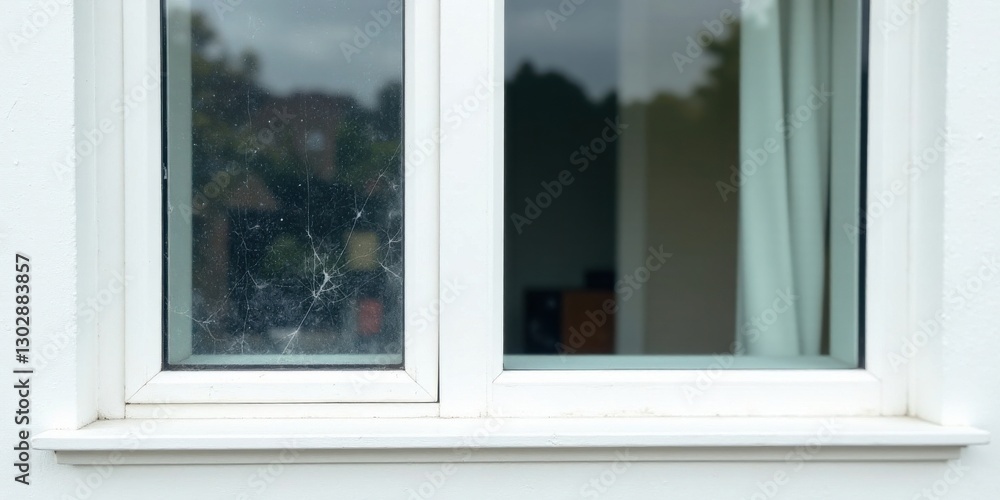 A neglected window pane reveals a delicate spiderweb pattern against a blurred outdoor scene, showcasing the contrast between nature and human habitation. A neglected window pane reveals a delicate spiderweb pattern against a blurred outdoor scene, showcasing the contrast between nature and human habitation.