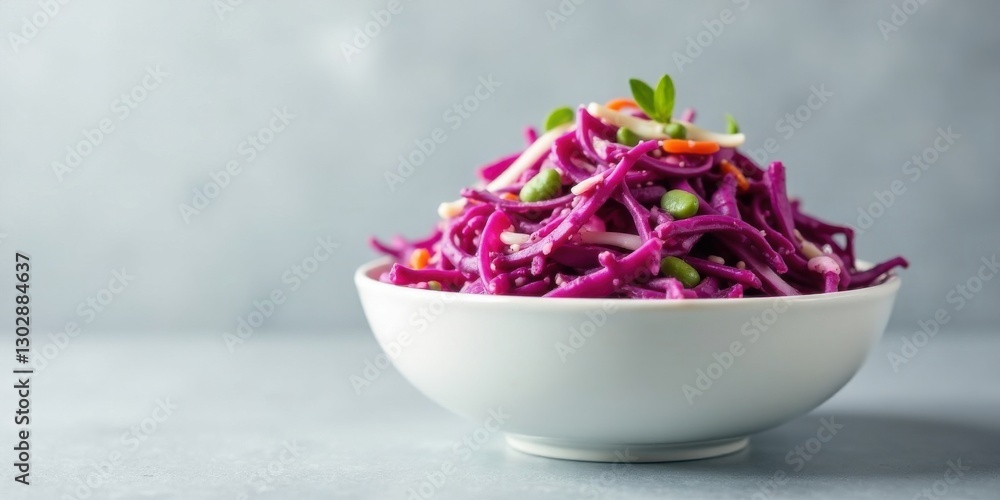 A vibrant, healthy salad of shredded red cabbage, peas, and other vegetables, artfully arranged in a pristine white bowl, ready to be enjoyed. A vibrant, healthy salad of shredded red cabbage, peas, and other vegetables, artfully arranged in a pristine white bowl, ready to be enjoyed.