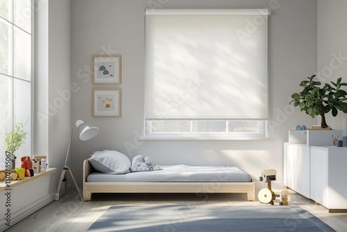 Sunlit minimalist child's bedroom with roller blind.