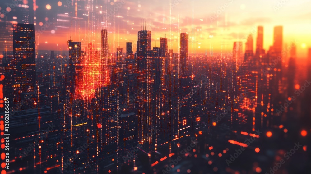 Fototapeta premium Futuristic Cityscape at Sunset: A Digital Metropolis