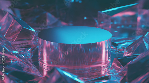 Futuristic abstract background with podium surrounded by crystal shapes for modern design