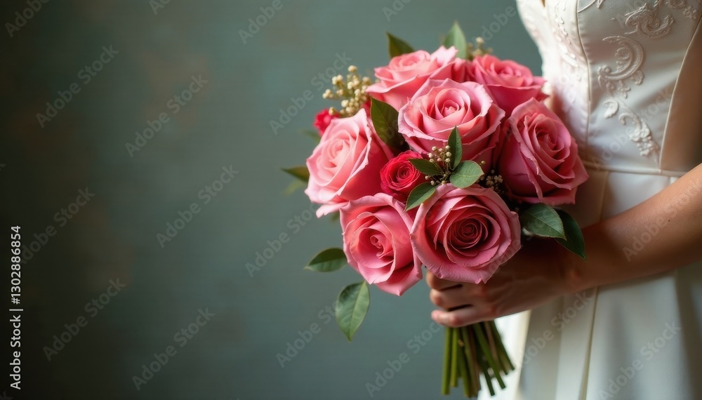Fototapeta premium Elegant bride's hand cradles a lush rose bouquet , white, pink, red