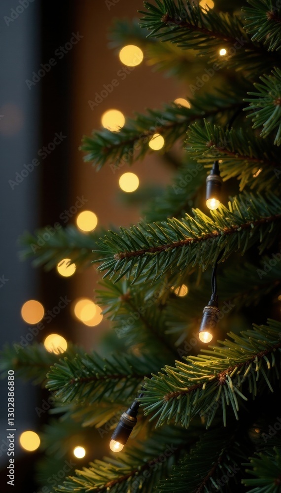 Elegant Christmas garland of coniferous branches and twinkling lights , twinkling, holiday, white Elegant Christmas garland of coniferous branches and twinkling lights , twinkling, holiday, white
