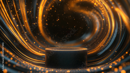 Abstract background with glowing podium and dynamic light patterns