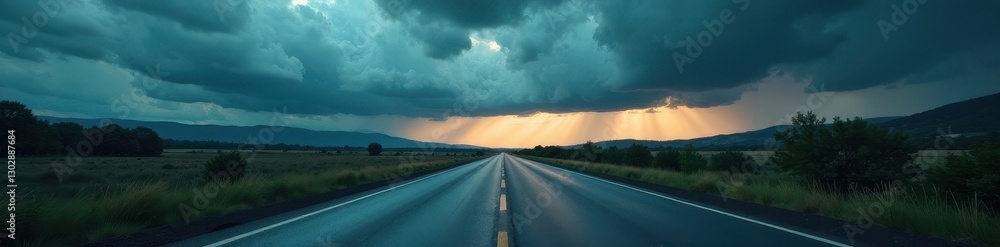Naklejka premium Empty highway, heavy rain, dramatic cloudscape, nature, shiny, road