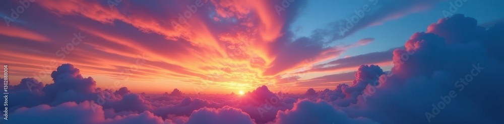 Fototapeta premium Fiery orange clouds blaze across a vibrant blue twilight sky , blue, hue