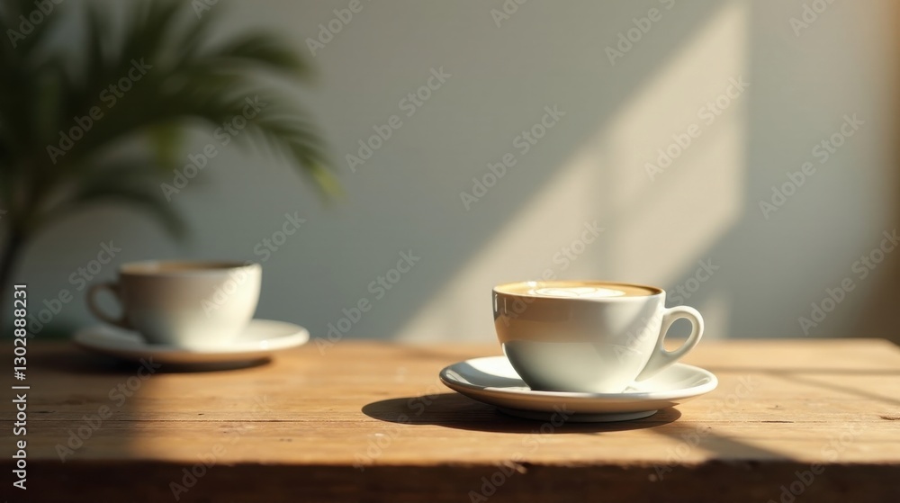 Warm morning sunlight illuminates a cup of coffee, creating a peaceful and inviting atmosphere on a rustic wooden table Warm morning sunlight illuminates a cup of coffee, creating a peaceful and inviting atmosphere on a rustic wooden table