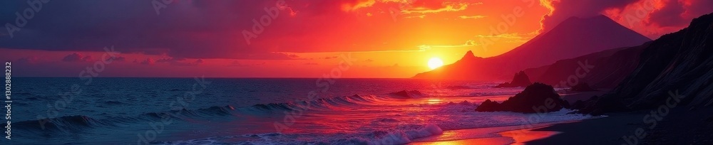 Fototapeta premium Fiery sunset paints volcanic peaks, ocean ablaze , view, beautiful, light