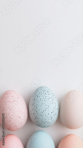 at the bottom of the image are seven eggs with free space on top of image for text, creative geometric pattern on pastel colors eggs