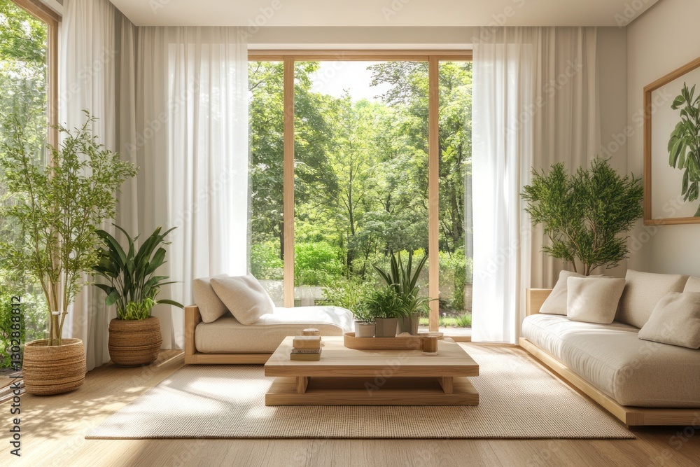 Fototapeta premium Sunlit minimalist living room with wooden furniture, plants, and large windows overlooking a lush green garden.