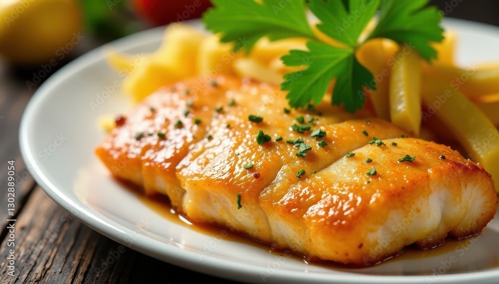 Golden-brown crispy fish fillet, parsley sprig , ocean, fried Golden-brown crispy fish fillet, parsley sprig , ocean, fried