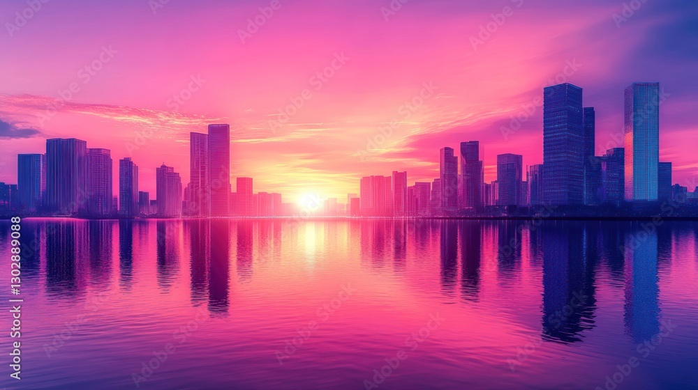 Obraz premium Vibrant Cityscape Sunset Reflection