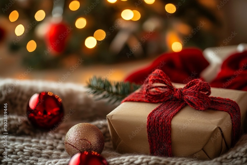 Festive christmas scene with wrapped gift and ornaments in cozy setting Festive christmas scene with wrapped gift and ornaments in cozy setting