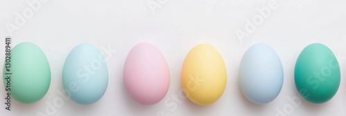 at the bottom of the image are seven eggs with free space on top of image for text, creative geometric pattern on pastel colors eggs