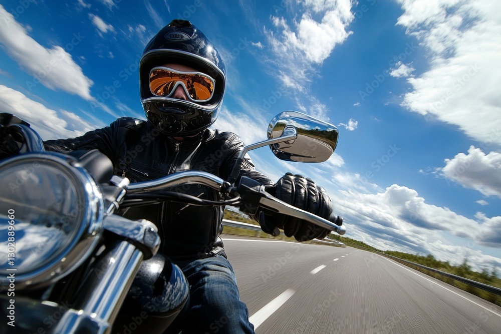 Caucasian male biker on highway wearing helmet and leather jacket on sunny day Caucasian male biker on highway wearing helmet and leather jacket on sunny day