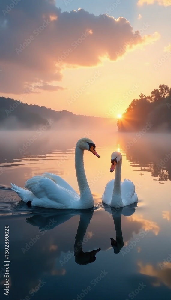 Fototapeta premium Graceful swans glide on still sunrise lake, mist rising , reflection, scene, white