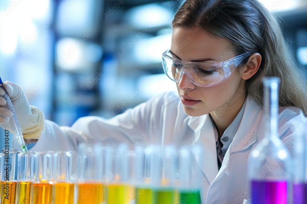 Female scientist conducting experiment with colorful chemicals in laboratory setting Female scientist conducting experiment with colorful chemicals in laboratory setting