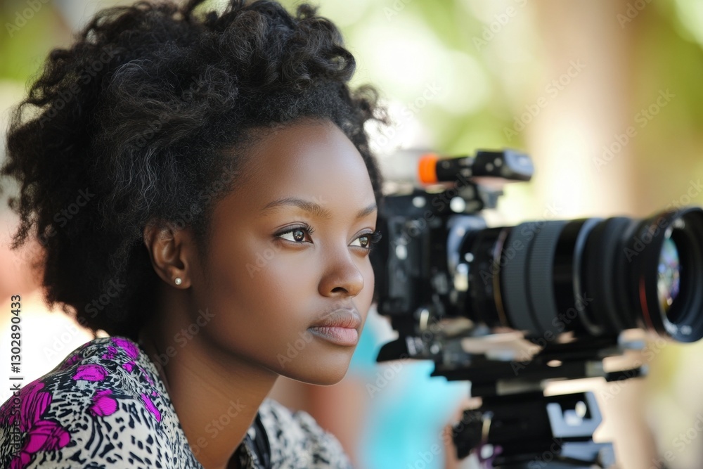 African female adult filmmaker focused behind camera outdoors