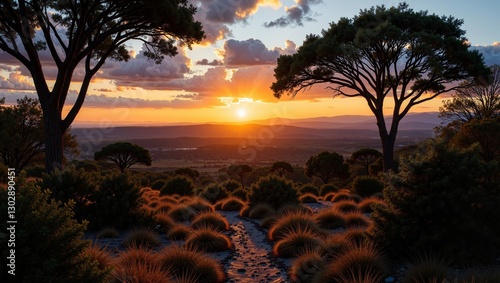 South African Safari Landscape at Dusk showcases stunning sunset hues over lush vegetation, rolling hills. Concept inspires adventure, exploration in breathtaking scenery