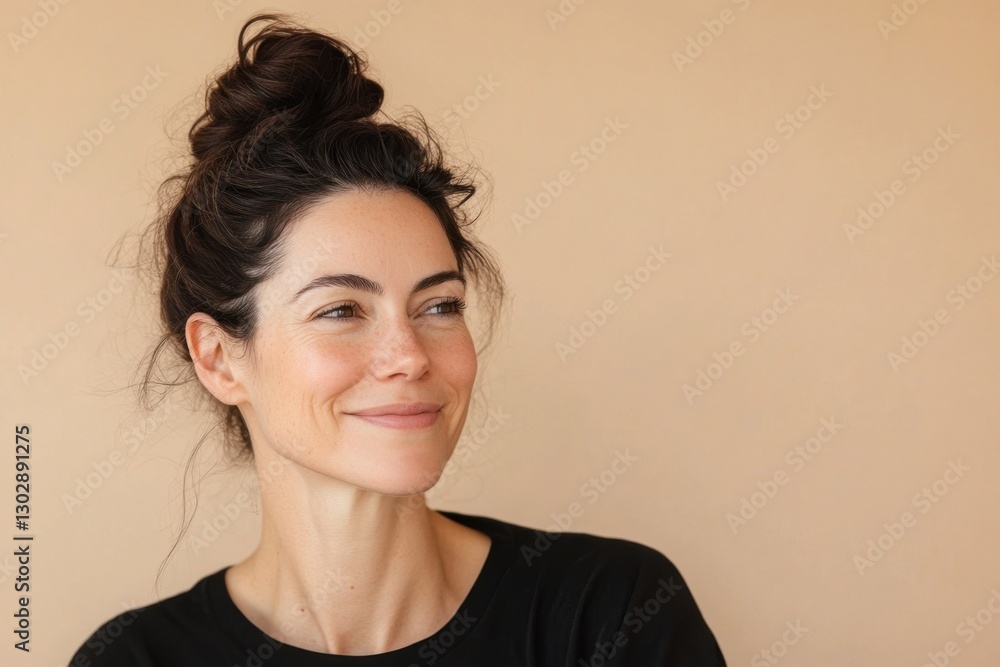 Portrait of a happy woman with natural features and simple hairstyle, featuring joyful expression. Generated AI Portrait of a happy woman with natural features and simple hairstyle, featuring joyful expression. Generated AI