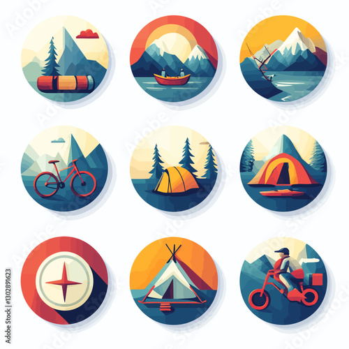 Colorful Icons of Outdoor Adventures: Camping, Cycling, Hiking and More
