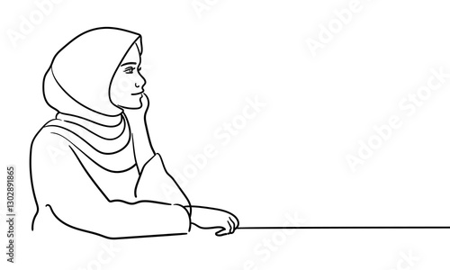 Young muslim woman in burqa, continuous line art drawin. Oriental girl in traditional clothes. Vector illustration isolated on white background 