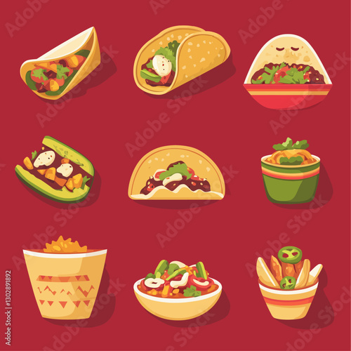 Assorted Mexican Food Icons: Tacos, Jalapeno Poppers, Salsa & Guacamole