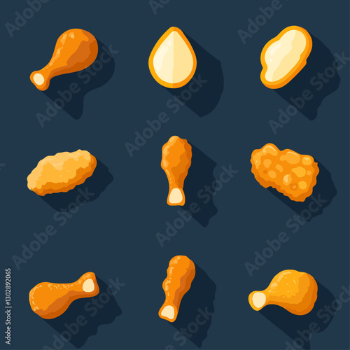 Fried Chicken Pieces Variety on Dark Background, Fast Food Icons