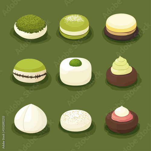 Assorted Japanese Mochi Desserts on Green Background with Matcha Flavor