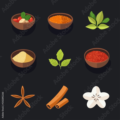 Assorted herbs and spices in wooden bowls with star anise and cinnamon