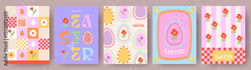 Happy Easter Set of cute greeting card, poster, holiday cover or web banner. Trendy design with typography, hand drawn flowers and Easter eggs in geometric style with doodles. Easter art template