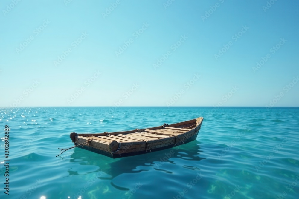 A simple wooden boat floats serenely on the tranquil, turquoise ocean under a brilliant blue sky, a peaceful scene of summer's calm. A simple wooden boat floats serenely on the tranquil, turquoise ocean under a brilliant blue sky, a peaceful scene of summer's calm.