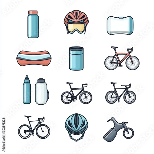 Bicycle accessories assortment: helmet, water bottle, and bike parts icon