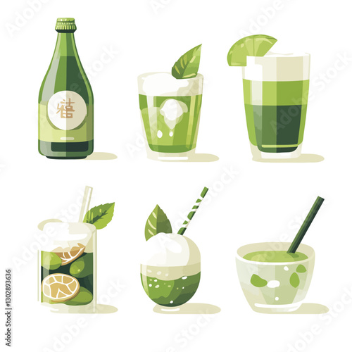 Green Refreshing Drinks Assortment - Vector Illustration with Lime Mint