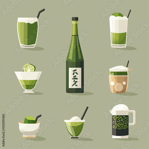 Green drinks and sake bottle on pale green background minimalist art